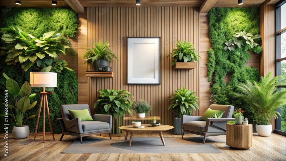 Obraz premium Aerial View of Modern Interior with Blank Framed Poster on Wooden Wall Surrounded by Green Plants and Cozy Seating for Stylish Home Decor Inspiration