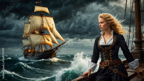 An elegant pirate young woman on her ship