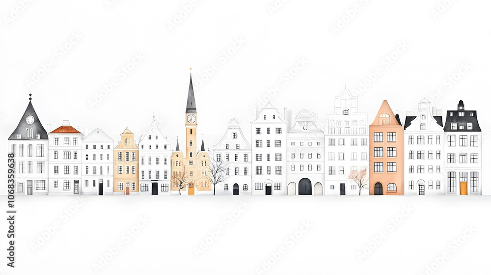 Fototapeta premium Famous European city landmarks, hand-drawn flat style illustration, isolated on white background