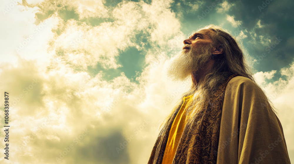 An old man with long hair and white beard looking up at the blue sky with white clouds An old man with long hair and white beard looking up at the blue sky with white clouds