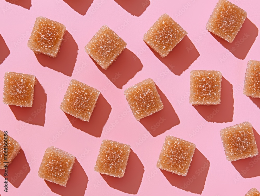 Brown sugar cubes scattered across a pink surface, creating a uniform pattern with playful shadows for a modern, geometric look. Brown sugar cubes scattered across a pink surface, creating a uniform pattern with playful shadows for a modern, geometric look.