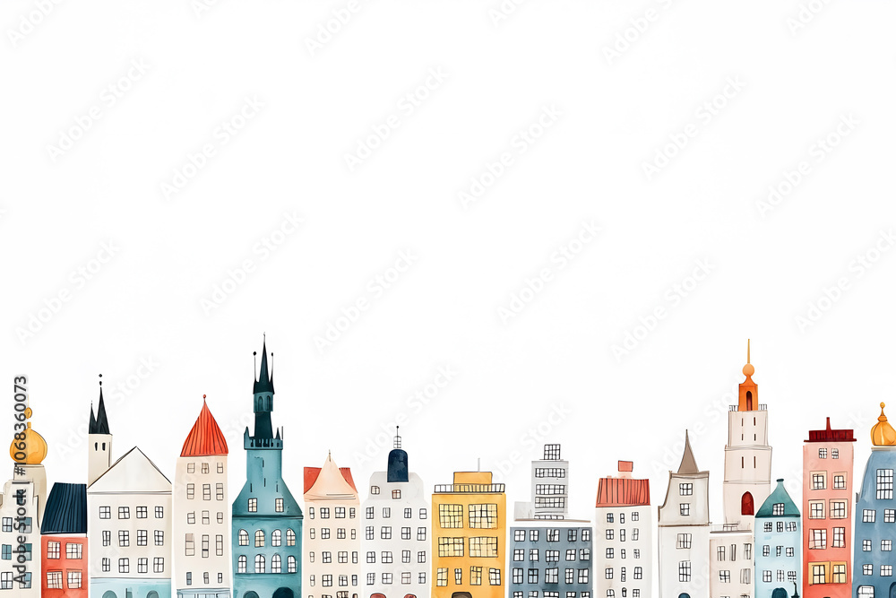 Famous European city landmarks, hand-drawn flat style illustration, isolated on white background Famous European city landmarks, hand-drawn flat style illustration, isolated on white background