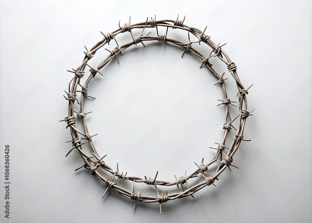 Barbed Wire Artistry: Circular Frame of Sharp Wire on White Background for Unique Portrait Photography Barbed Wire Artistry: Circular Frame of Sharp Wire on White Background for Unique Portrait Photography