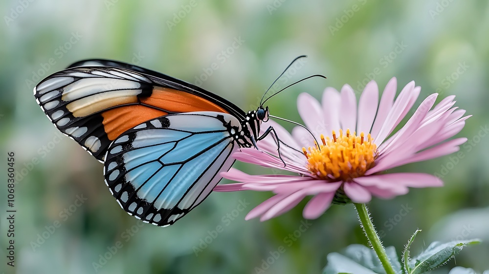 The colorful butterfly, with its delicate wings displaying a stunning array of hues ranging from electric blue to rich shades of orange and black, gently rests on a blooming flower in the wild meadow The colorful butterfly, with its delicate wings displaying a stunning array of hues ranging from electric blue to rich shades of orange and black, gently rests on a blooming flower in the wild meadow