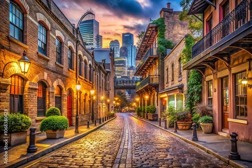 Vintage Style Photography of The Rocks District in Sydney, Australia, Showcasing Historic Architecture, Cobblestone Streets, and Timeless Charm Captured in Warm Tones