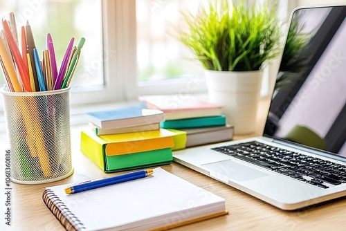 Notebook, Laptop, and Pens on Wooden Desk.