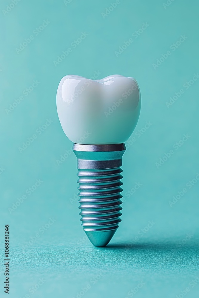 A close-up view of a dental implant featuring a titanium base and a white ceramic crown, set against a turquoise backdrop, illustrating modern dentistry A close-up view of a dental implant featuring a titanium base and a white ceramic crown, set against a turquoise backdrop, illustrating modern dentistry