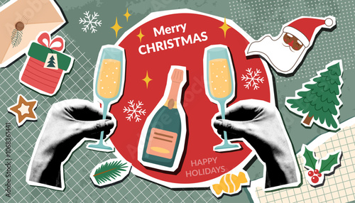 Christmas collage banner with Christmas objects and human hands holding champagne flutes. Christmas trendy background.