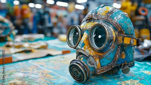 Vintage Gas Mask on Old Map Display