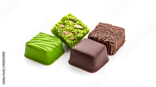 Dubai chocolate. Chocolate bar with green pistachio pasta and crunchy kadayif isolated on white background. photo