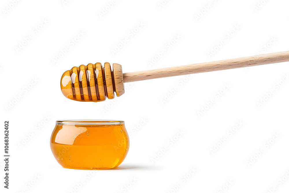 Honey jar. Honey dripping down the wooden stick isolated on a white. Honey jar. Honey dripping down the wooden stick isolated on a white.