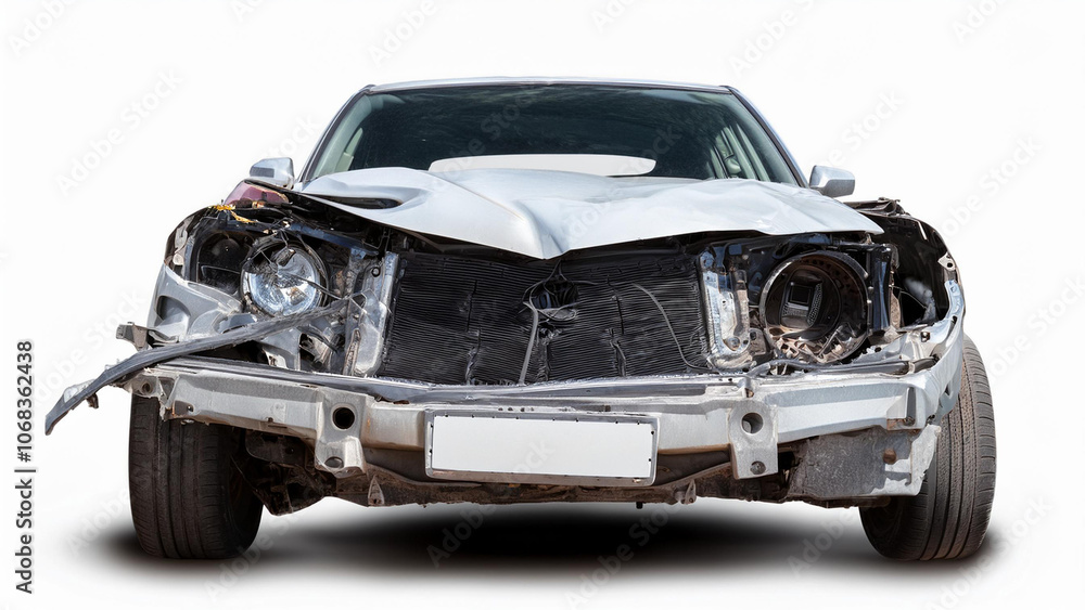 Wrecked car with damaged front end isolated on a white background. PNG transparent. Wrecked car with damaged front end isolated on a white background. PNG transparent.