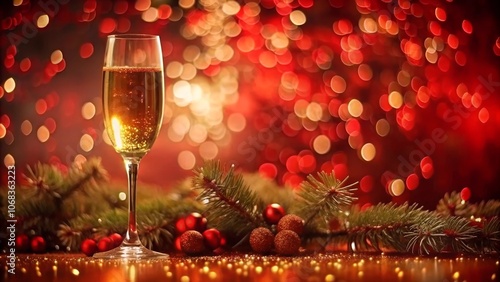 Christmas still life with champagne glass and festive gold decorations on red background with golden glitter sparkle bokeh. New Year and Christmas holiday template for celebration, congratulation.