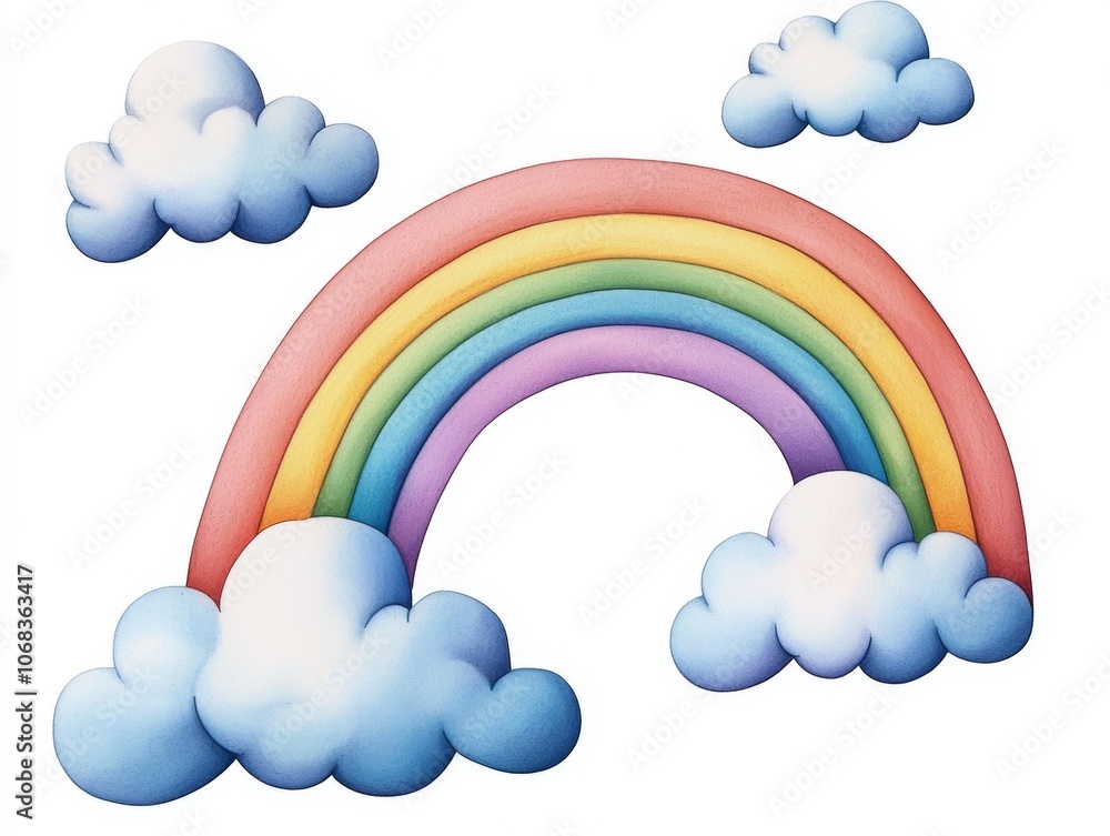A crayon illustration of a rainbow stretching across the sky with a few scattered clouds on a white background. A crayon illustration of a rainbow stretching across the sky with a few scattered clouds on a white background.