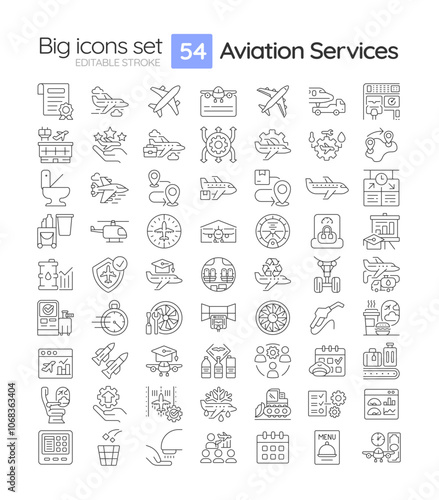 Aviation services linear icons set. Aircraft management, avionics. Transportation, travelling. Commercial flight. Customizable thin line symbols. Isolated vector outline illustrations. Editable stroke