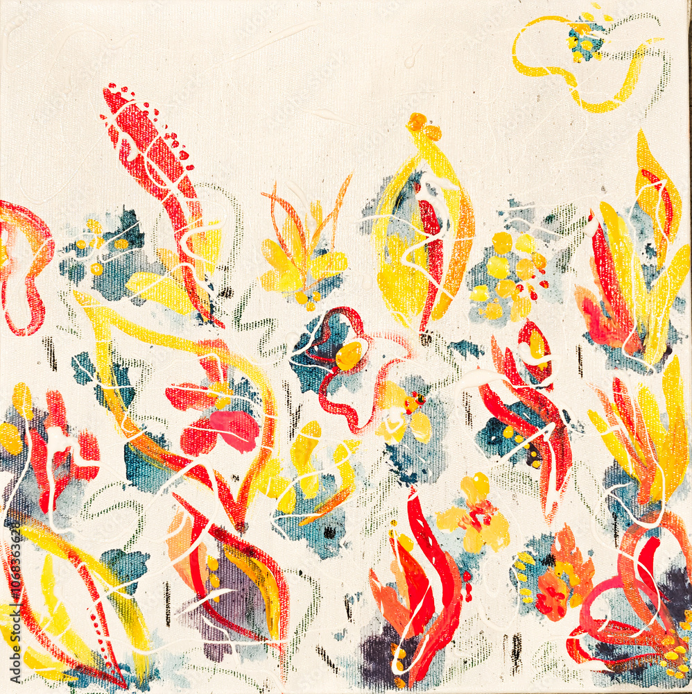 Obraz premium Abstract painting in bright and warm colors, depicting stylized flowers and leaves in red, yellow and blue tones on a light background.