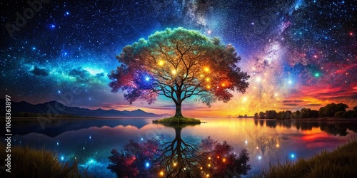 Enchanted Digital Tree Illuminated by Stars in a Night Sky: A Captivating Blend of Nature and Technology, Perfect for Digital Art and Fantasy Themes