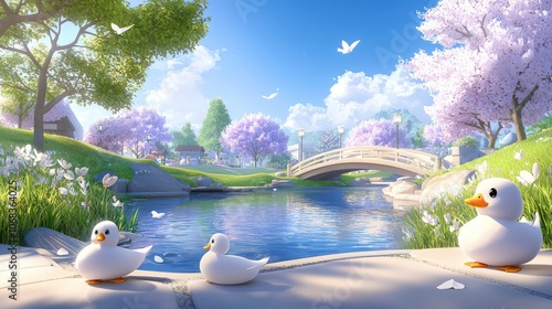 An enchanting anime park background featuring a tranquil pond with ducks and a quaint bridge, ideal for enhancing themes of peace and nature in creative art. photo