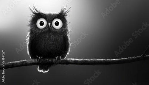 A drawing of an owl perched on a branch, looking wide-eyed. photo