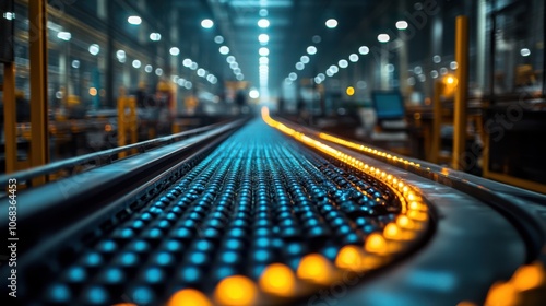 A conveyor belt smoothly transports packaged goods within a warmly lit factory, highlighting industrial efficiency and modern production processes.