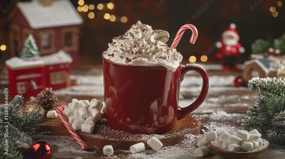 Red mug of hot chocolate with whipped cream, marshmallows, and a candy cane on a wooden table Red mug of hot chocolate with whipped cream, marshmallows, and a candy cane on a wooden table