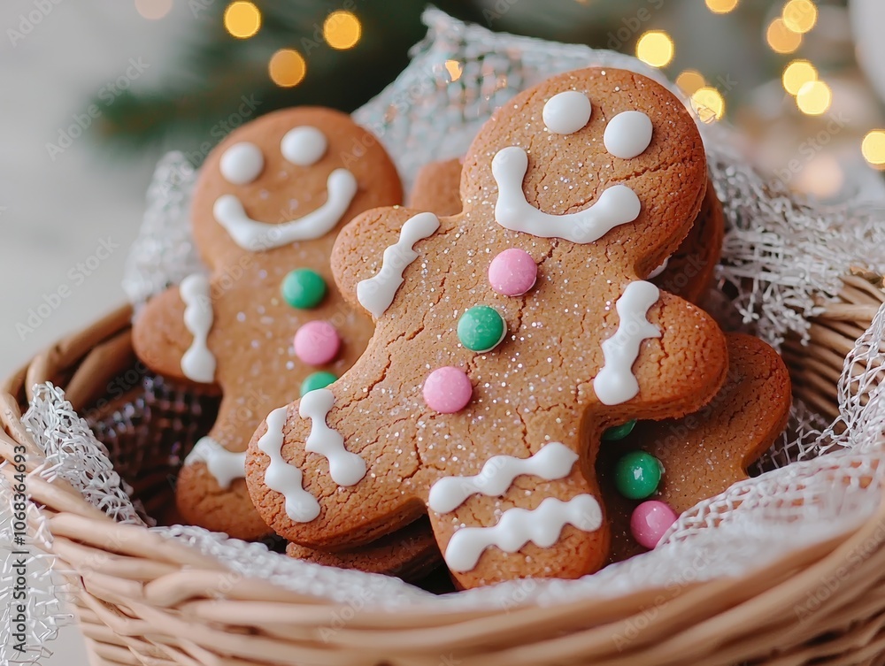 A group of adorable gingerbread cookies decorated with icing and candy, arranged in a wicker basket with twinkling holiday lights around. A group of adorable gingerbread cookies decorated with icing and candy, arranged in a wicker basket with twinkling holiday lights around.