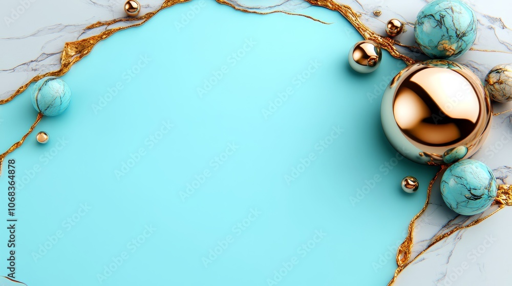 Fototapeta premium Abstract Blue and Gold Background with Marble and Metallic Spheres