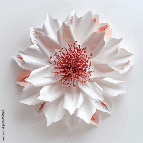 Flower origami made of white paper and red petals on white background 