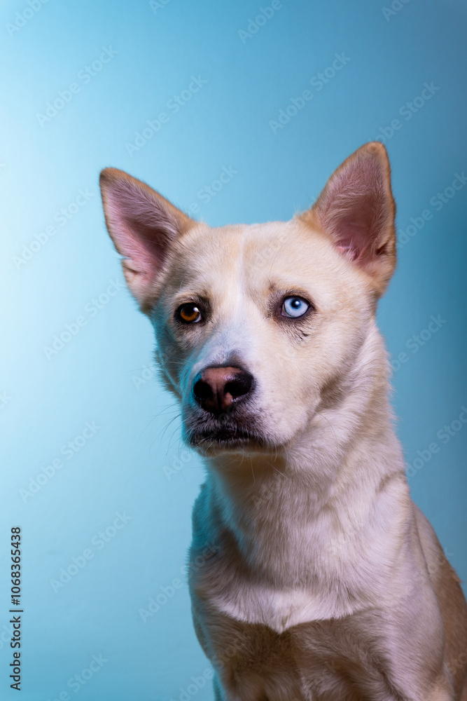 Adorable Husky Mix with Blue Eyes on Blue Studio Backdrop Adorable Husky Mix with Blue Eyes on Blue Studio Backdrop