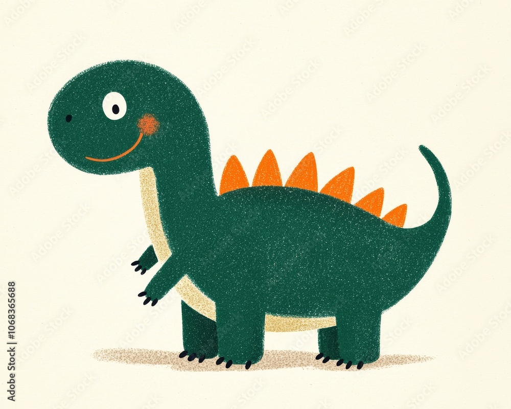 A simple crayon-drawn dinosaur with a big smile, green body, and tiny orange spikes on its back. A simple crayon-drawn dinosaur with a big smile, green body, and tiny orange spikes on its back.