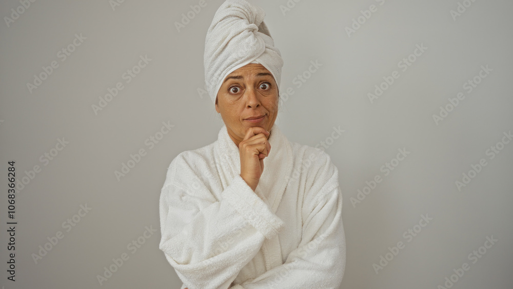 Middle-aged beautiful hispanic woman in a white robe isolated over a white background. Middle-aged beautiful hispanic woman in a white robe isolated over a white background.