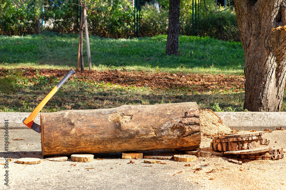 An axe embedded in a log beside freshly cut wood in a sunny outdoor setting. Copy space.