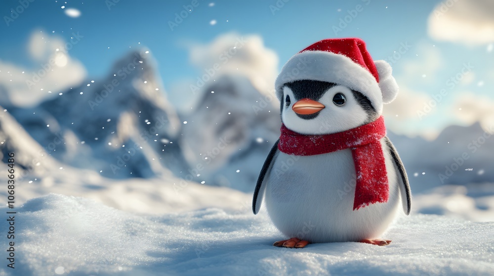 Adorable penguin wearing a Santa hat in a snowy winter scene. Adorable penguin wearing a Santa hat in a snowy winter scene.