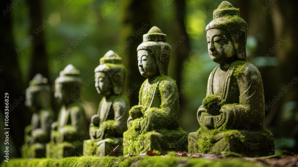 Serene stone statues, cloaked in moss, stand quietly among verdant trees, evoking peace and timeless beauty in a mystical forest setting. Serene stone statues, cloaked in moss, stand quietly among verdant trees, evoking peace and timeless beauty in a mystical forest setting.