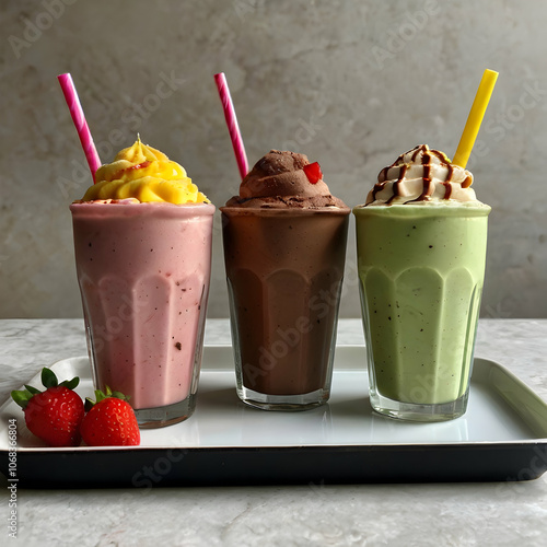 An image of assorted milkshakes displayed in a row on a white tray: a vibrant pink dragon fruit milkshake with ice cream on top, a green avocado milkshake, a yellow banana shake with cocoa powder, a b