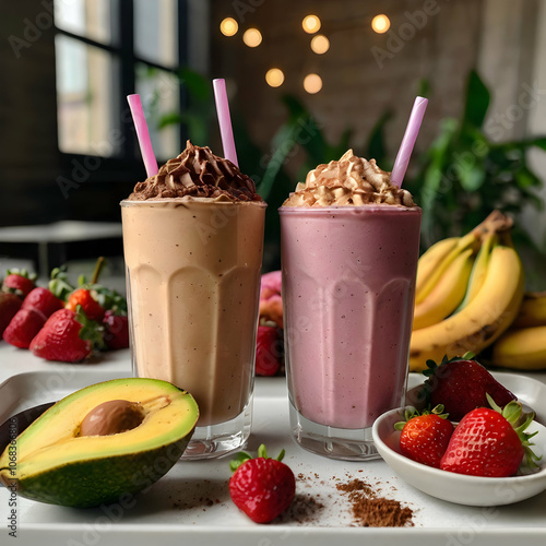 An image of assorted milkshakes displayed in a row on a white tray: a vibrant pink dragon fruit milkshake with ice cream on top, a green avocado milkshake, a yellow banana shake with cocoa powder, a b