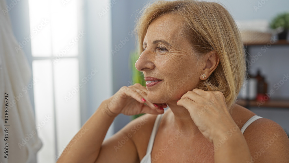 Woman relaxing in a spa setting, an elderly blonde lady enjoying a beauty treatment indoors in a wellness center. Woman relaxing in a spa setting, an elderly blonde lady enjoying a beauty treatment indoors in a wellness center.