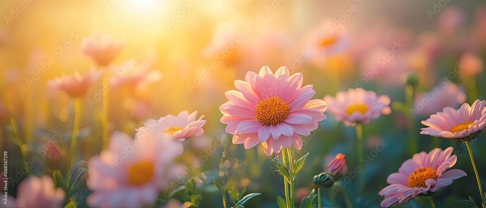 Soft pink flowers bathed in warm, golden sunlight. Soft pink flowers bathed in warm, golden sunlight.