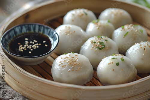 Korean mandu dumplings displayed on a traditional bamboo tray, showcasing an elegant arrangement photo