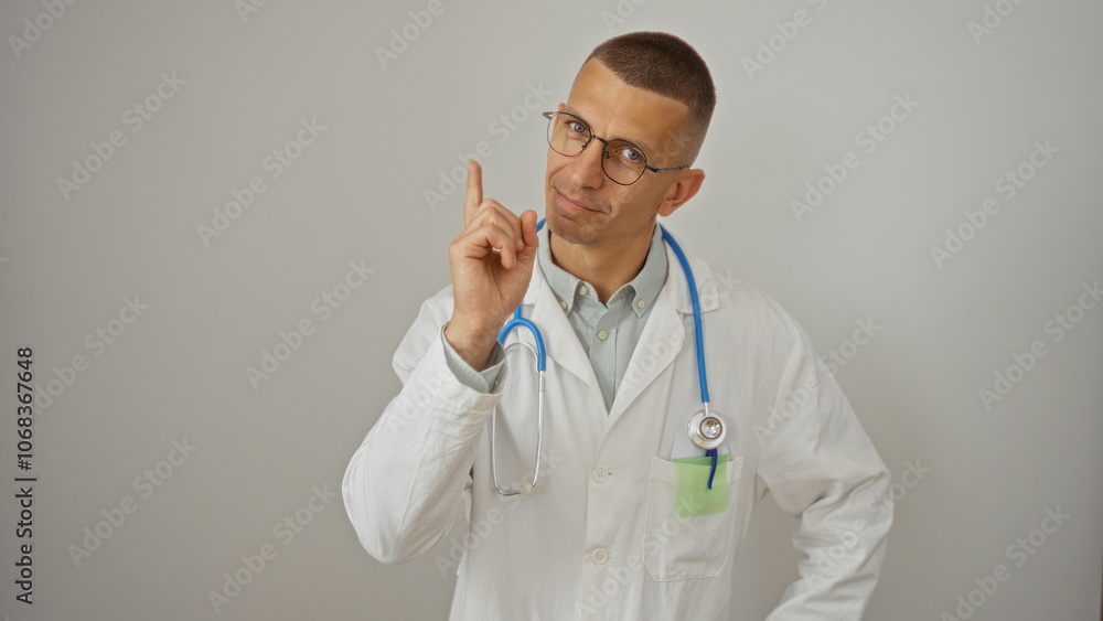 Handsome doctor, young man confidently pointing upward in a white lab coat with glasses and stethoscope, isolated over a white background wall, illustrating medical authority and expertise Handsome doctor, young man confidently pointing upward in a white lab coat with glasses and stethoscope, isolated over a white background wall, illustrating medical authority and expertise