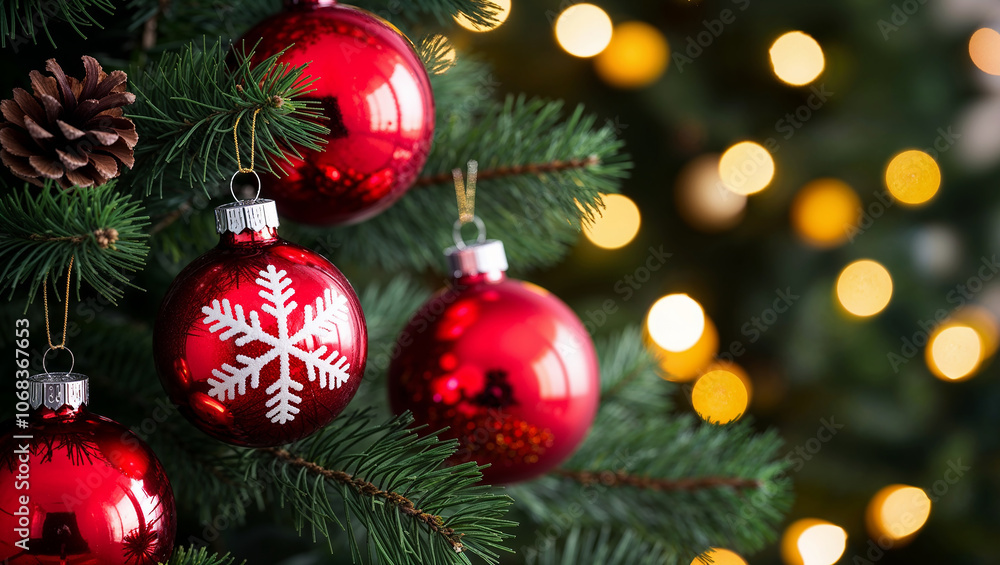 Red and silver Christmas ornaments hang on a decorated tree. Red and silver Christmas ornaments hang on a decorated tree.