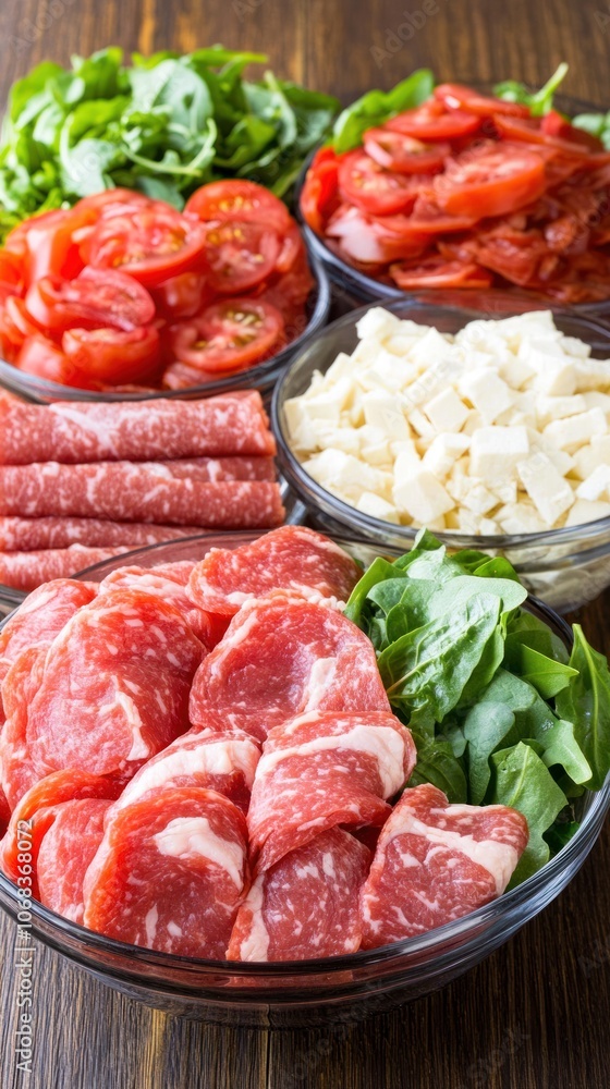Assorted fresh ingredients including meats, tomatoes, and greens for meal preparation. Assorted fresh ingredients including meats, tomatoes, and greens for meal preparation.