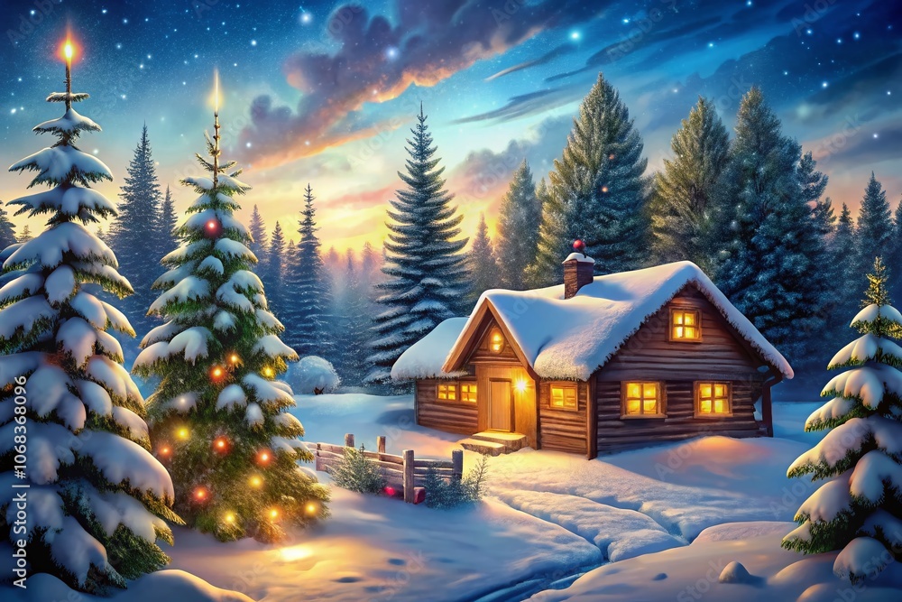 Fototapeta premium Enchanting Snowy Country Christmas Portrait Photography with Twinkling Lights, Snow-Covered Trees, and a Cozy Cabin, Perfect for Holiday Celebrations and Festive Imagery