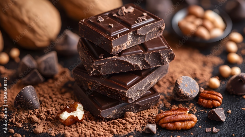 Delicious dark chocolate stacked with nuts and cocoa in a rich setting. Delicious dark chocolate stacked with nuts and cocoa in a rich setting.