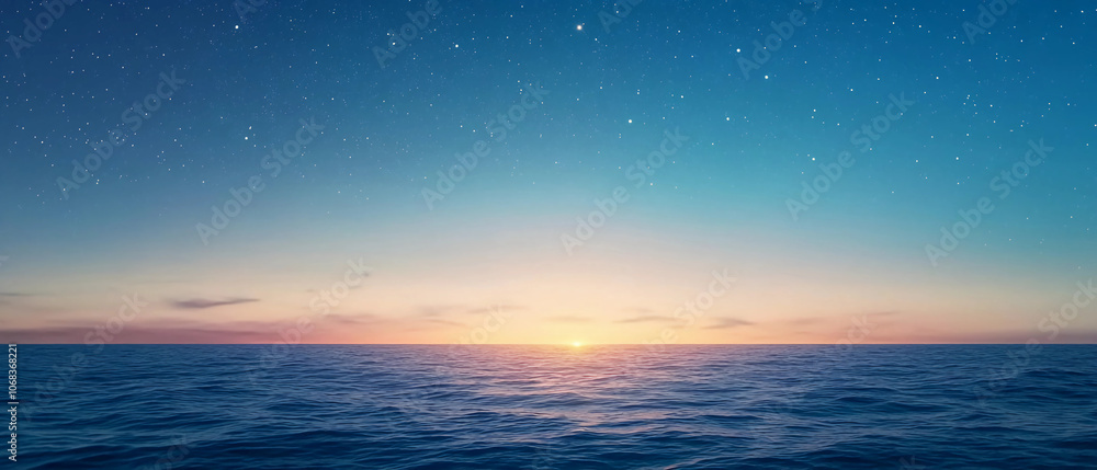 Starry dawn over the ocean with a rising sun illuminating the calm waves under a peaceful twilight sky. Starry dawn over the ocean with a rising sun illuminating the calm waves under a peaceful twilight sky.
