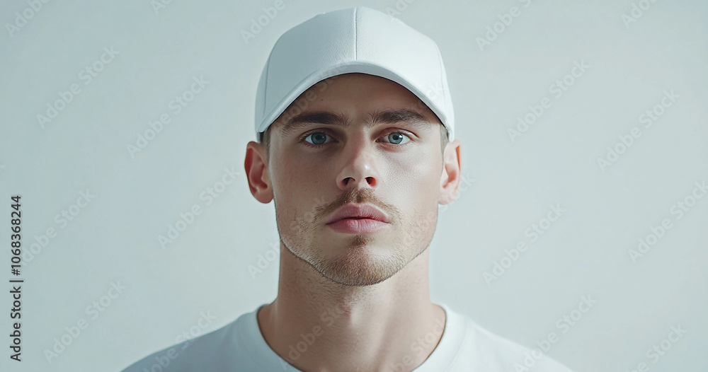 portrait of a man wearing white blank cap for mockup portrait of a man wearing white blank cap for mockup