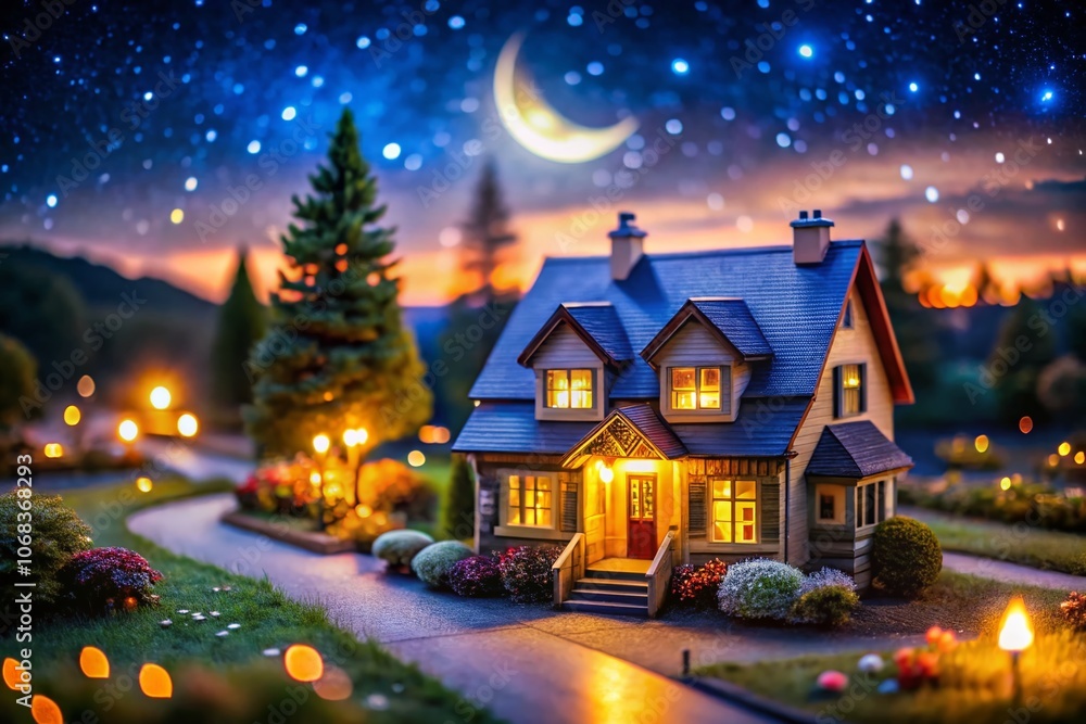 Enchanting Tilt-Shift Photography of a Cozy House Glowing Under the Night Sky, Surrounded by Stars and Soft Moonlight, Creating a Magical Atmosphere of Serenity and Peace Enchanting Tilt-Shift Photography of a Cozy House Glowing Under the Night Sky, Surrounded by Stars and Soft Moonlight, Creating a Magical Atmosphere of Serenity and Peace