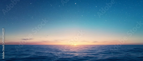 Starry dawn over the ocean with a rising sun illuminating the calm waves under a peaceful twilight sky.