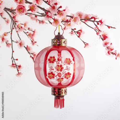 generated illustration of decorated chinese latern with cherry blossom isolated white