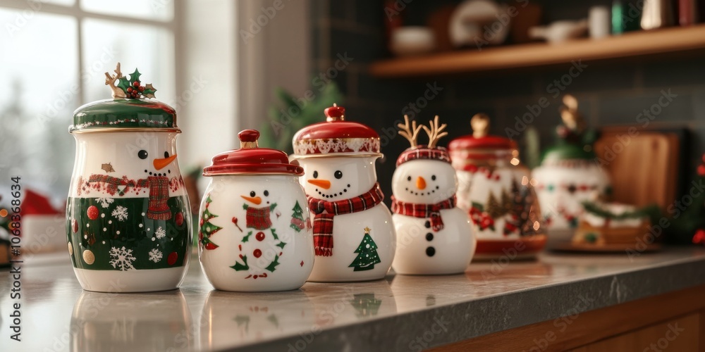 Medium shot of a kitchen counter with several holiday-themed cookie jars, each featuring different festive designs like snowmen, reindeer, and holly. Medium shot of a kitchen counter with several holiday-themed cookie jars, each featuring different festive designs like snowmen, reindeer, and holly.